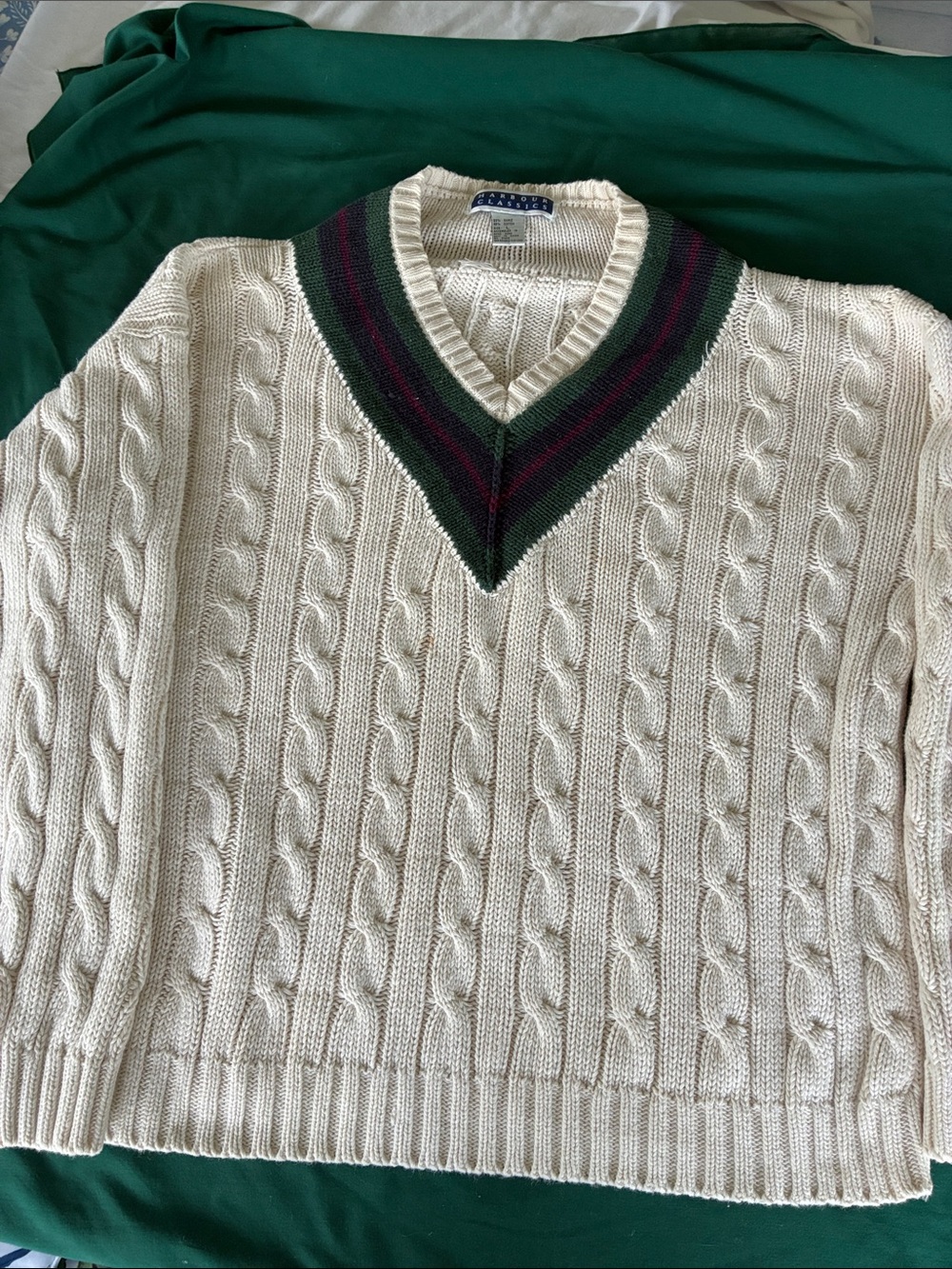 Barbour Cream Cable-Knit V-Neck Sweater with Green and Burgundy Trim